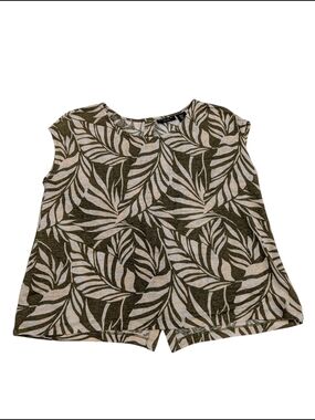 Tahari Linen Tropical Leaf Print Cap Sleeve Top Cropped Resort- Olive/Cream Sz M